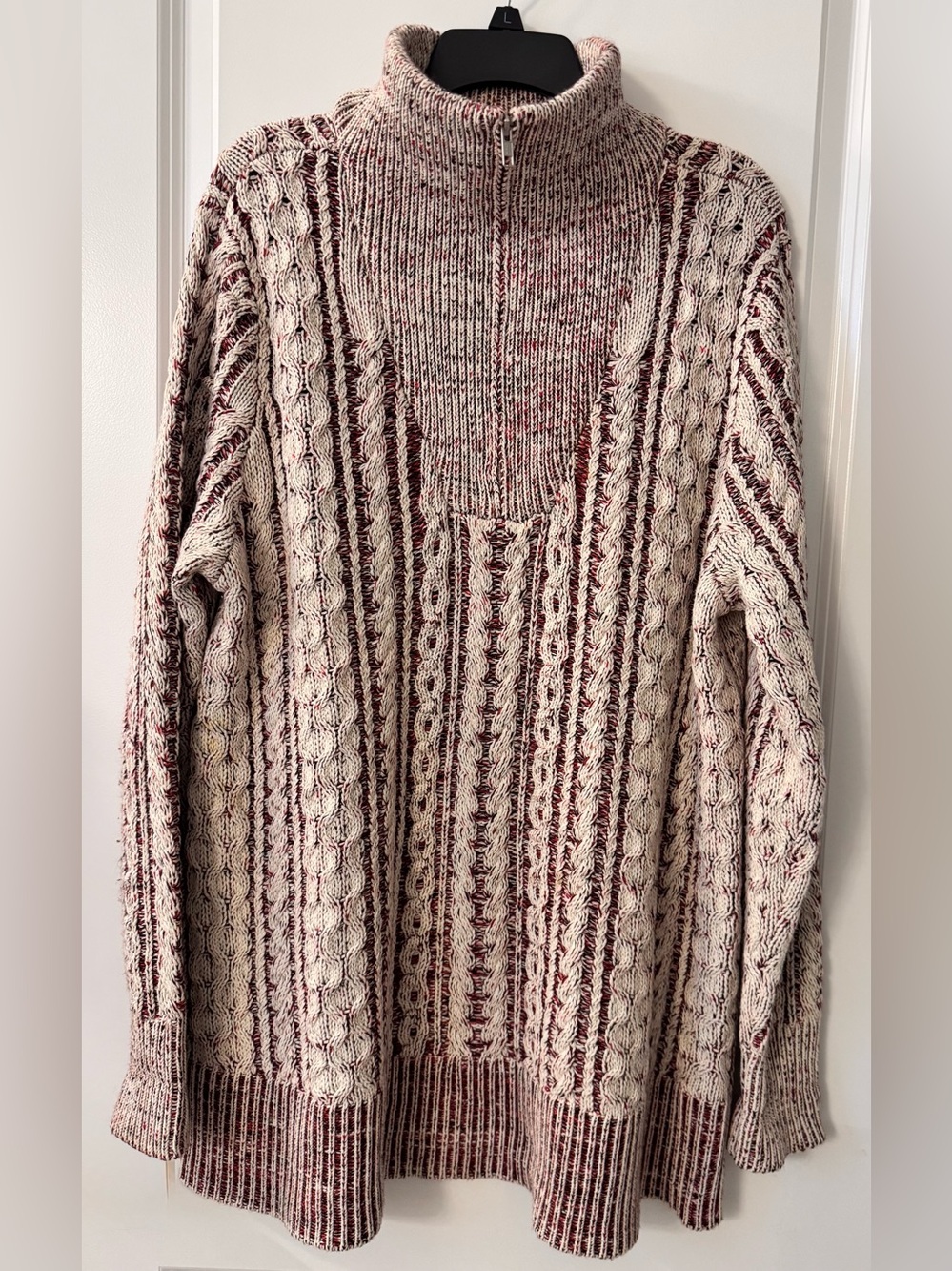 #x538 Soft Surroundings Bellevue Quarter Zip Cable Knit Sweater Claret Red Multi